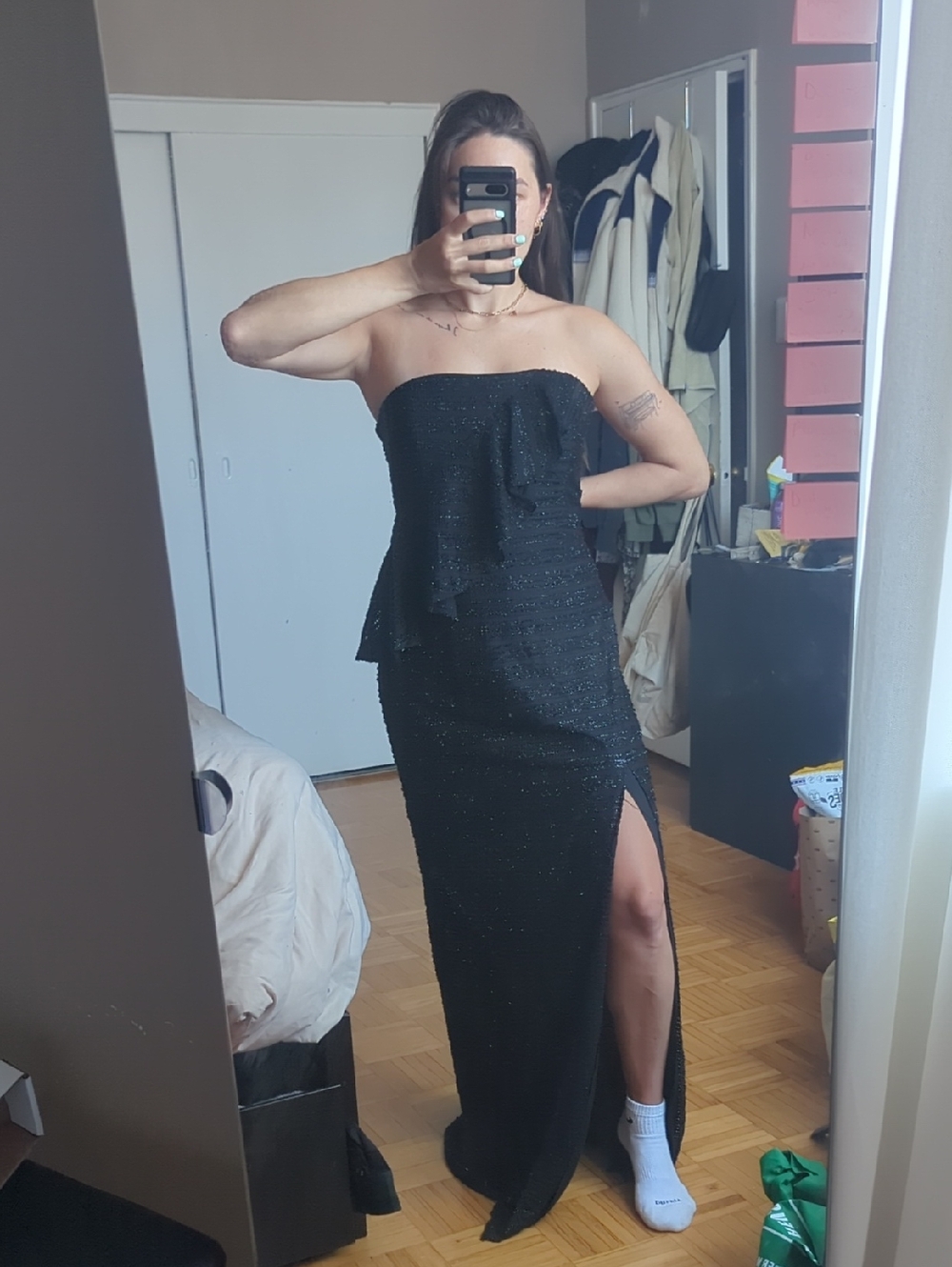 Halston Heritage Black Sparkle Strapless Evening Dress